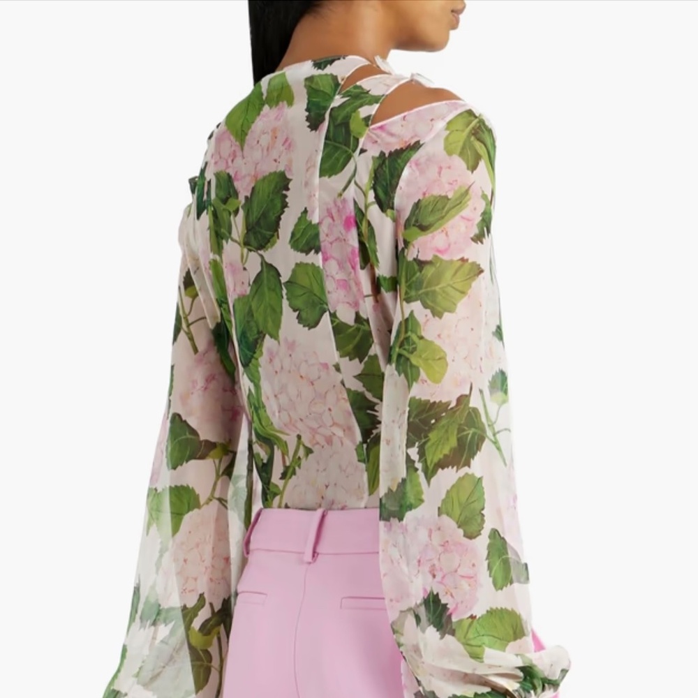 OSCAR DE LA RENTA Bow-Detailed Floral Print Silk-Chiffon Blouse Sz12